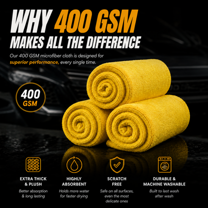 400 GSM Microfiber Wash Towels – Scratch-Free Car Cleaning, Pack of 3 (40cm x 40cm)